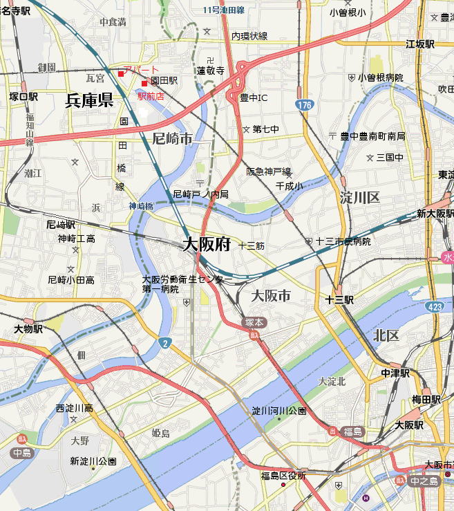 園田から　大阪までの交通地図
